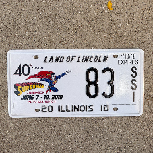 Photo of a 2018 Illinois Event License Plate Auto Tag 1 Garage Decor Metropolis Illinois Superman Comics 83 with original patina