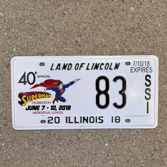 Photo of a 2018 Illinois Event License Plate Auto Tag 2 Garage Decor Metropolis Illinois Superman Comics 83 with original patina