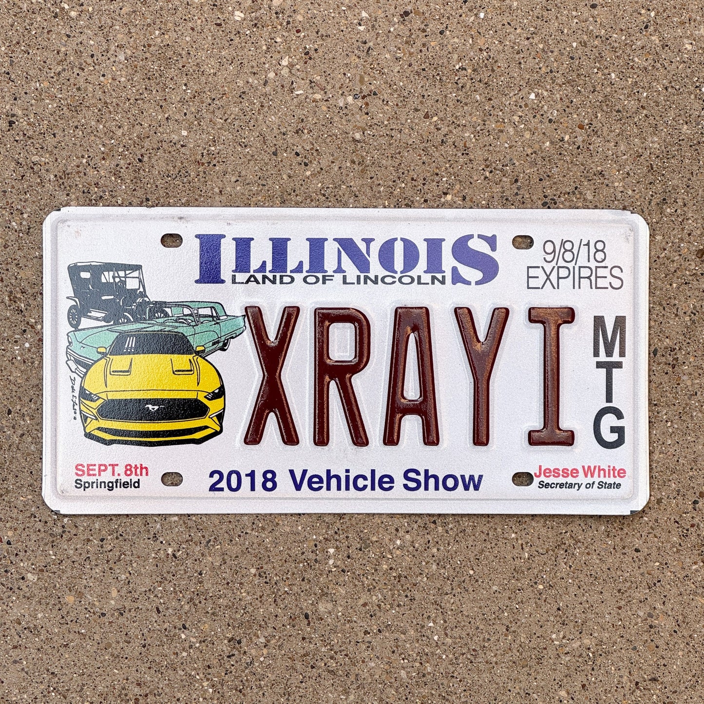 Photo of a 2018 Illinois Event License Plate Auto Tag Garage Decor Vintage XRay Medical Radiologist Gift Car Show XRAYI with original patina