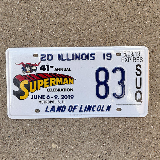 Photo of a 2019 Illinois Event License Plate Auto Tag 1 Garage Decor Metropolis Illinois Superman Comics 83 with original patina