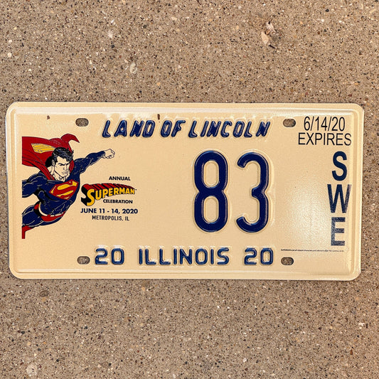 Photo of a 2020 Illinois Event License Plate Auto Tag 1 Garage Decor Metropolis Illinois Superman Comics 83 with original patina