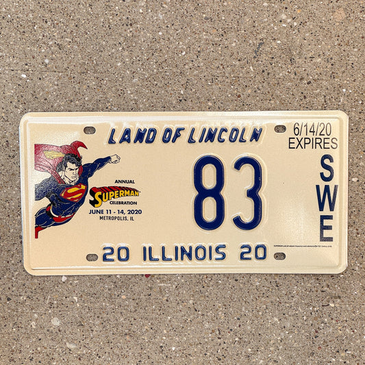 Photo of a 2020 Illinois Event License Plate Auto Tag 2 Garage Decor Metropolis Illinois Superman Comics 83 with original patina