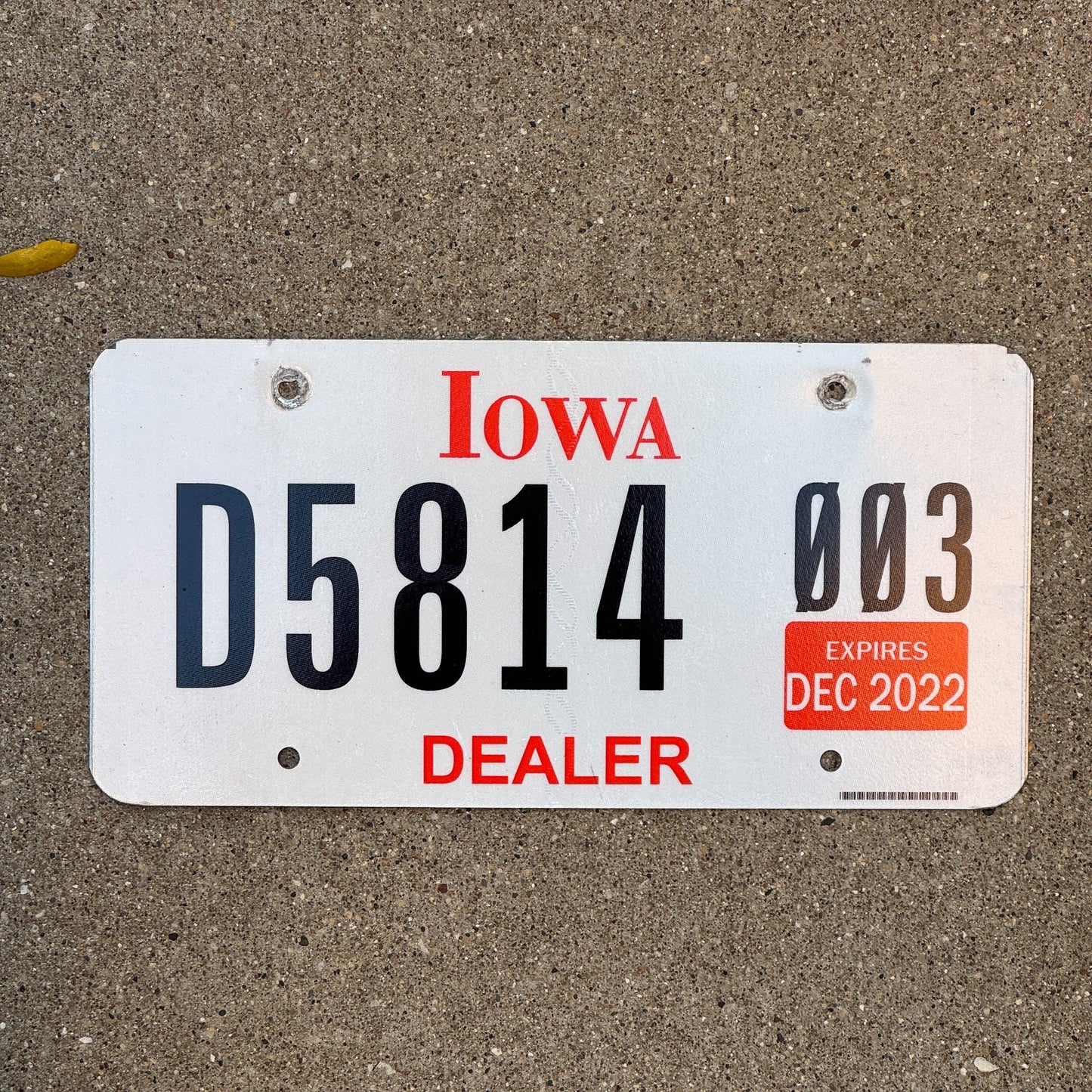 Photo of a 2021 2022 Iowa Dealer License Plate Auto Tag Garage Decor Vintage D 5814 003 with original patina