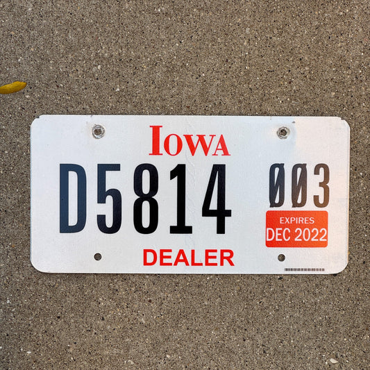 Photo of a 2021 2022 Iowa Dealer License Plate Auto Tag Garage Decor Vintage D 5814 003 with original patina
