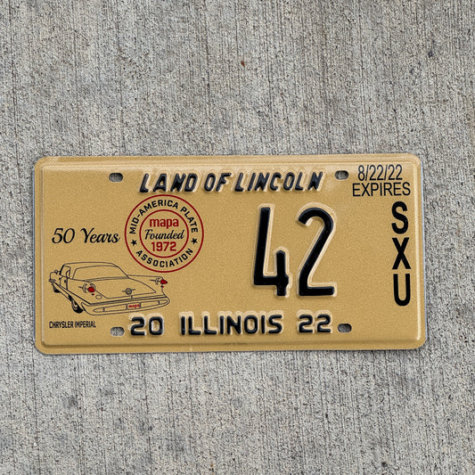 Photo of a 2022 Illinois Event License Plate Auto Tag Garage Decor Vintage Chrysler Imperial MAPA 42 with original patina