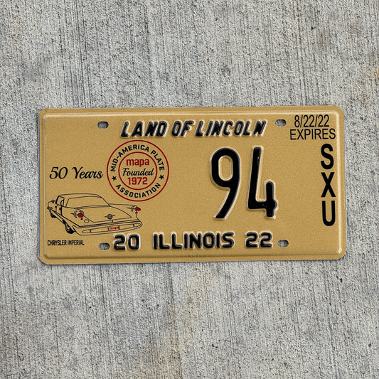 Photo of a 2022 Illinois Event License Plate Auto Tag Garage Decor Vintage Chrysler Imperial MAPA 94 with original patina