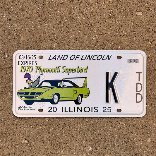 Photo of a 2025 2025 Illinois Event License Plate Auto Tag 1 Garage Decor 1970 Plymouth Superbird K with original patina