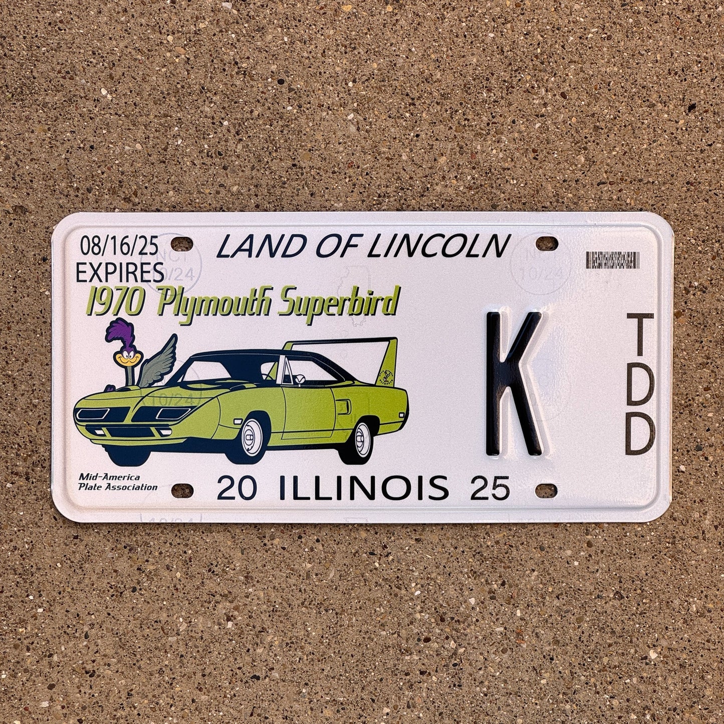 Photo of a 2025 2025 Illinois Event License Plate Auto Tag 2 Garage Decor 1970 Plymouth Superbird K with original patina