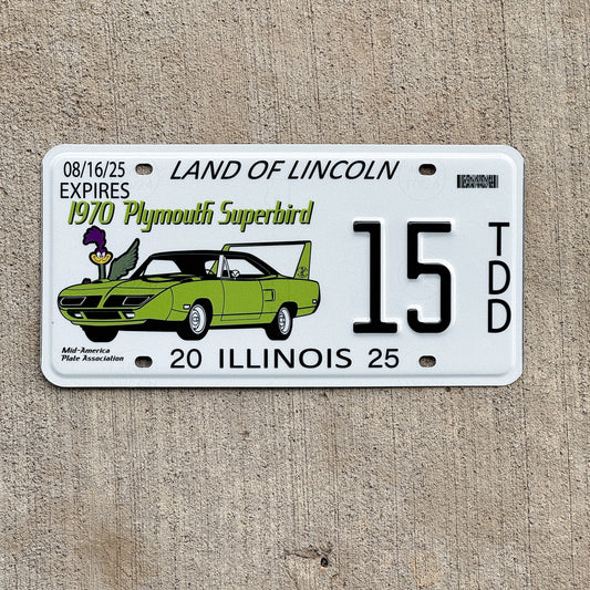 Photo of a 2025 Illinois Event License Plate Auto Tag 1 Vintage Garage Plymouth Superbird Two Digit 15 with original patina