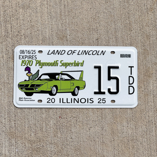 Photo of a 2025 Illinois Event License Plate Auto Tag 2 Vintage Garage Plymouth Superbird Two Digit 15 with original patina
