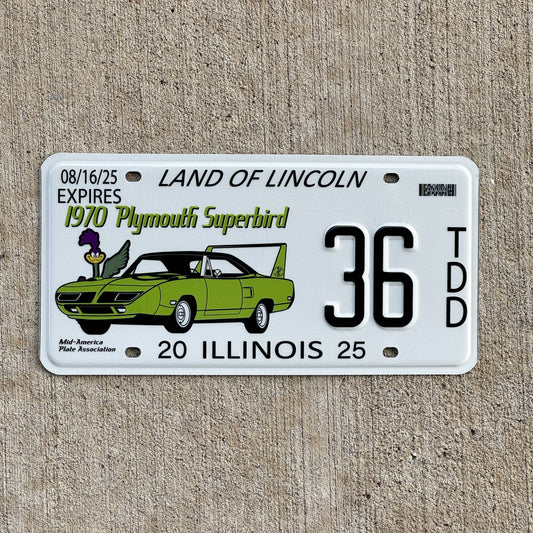 Photo of a 2025 Illinois Event License Plate Auto Tag Garage Decor Vintage Plymouth Superbird MAPA 36 with original patina