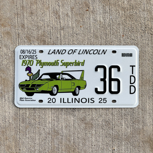 Photo of a 2025 Illinois Event License Plate Auto Tag Garage Decor Vintage Plymouth Superbird MAPA 36 with original patina