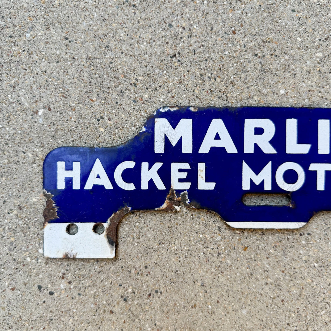 1930 Era Marlin Texas Porcelain License Plate Topper Auto Tag Hackel Motor Plymouth Waco