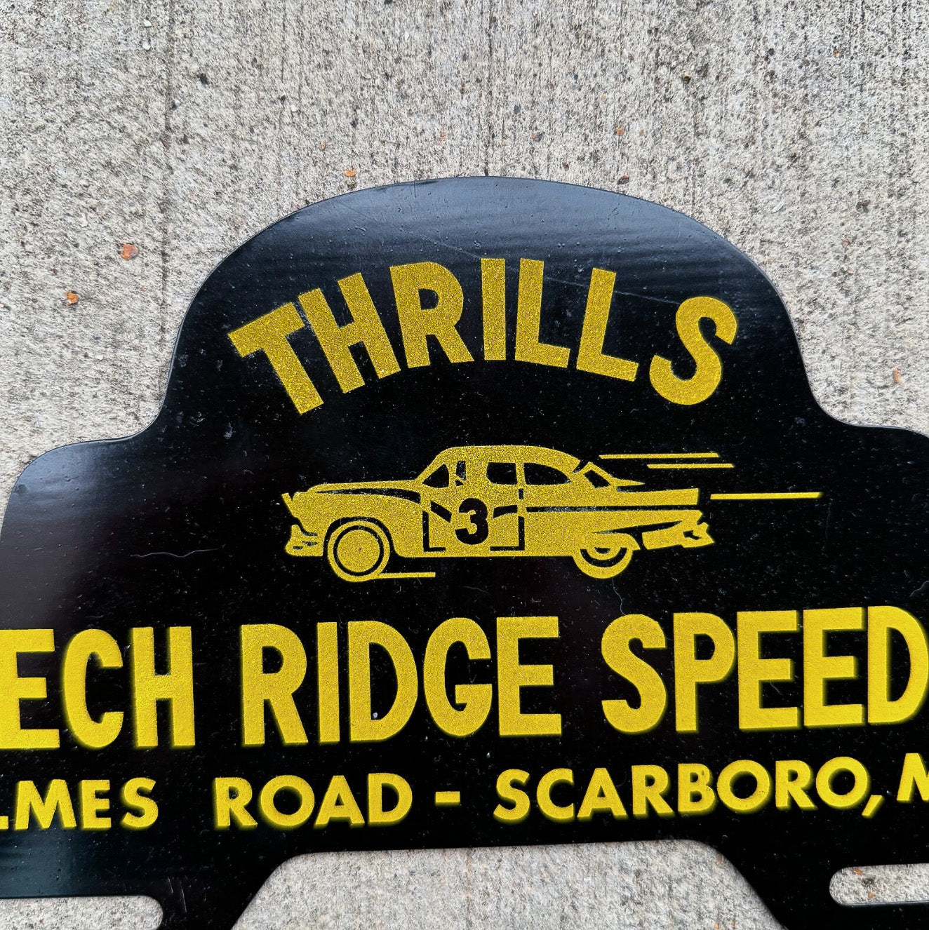 1950 Era Beech Ridge Speedway Maine License Plate Topper Auto Tag Smaltz Paint Scarboro Holmes Road Race