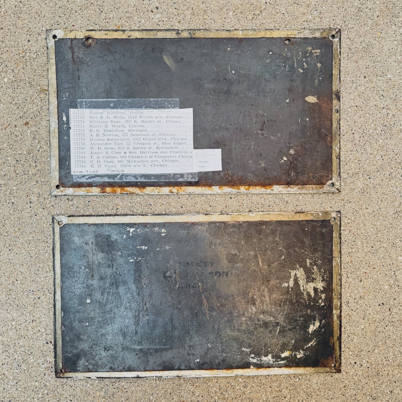 Photo of the back side of a 1911 Illinois License Plate Pair Auto Tag Garage Decor Vintage First Issue 17784 with original patina