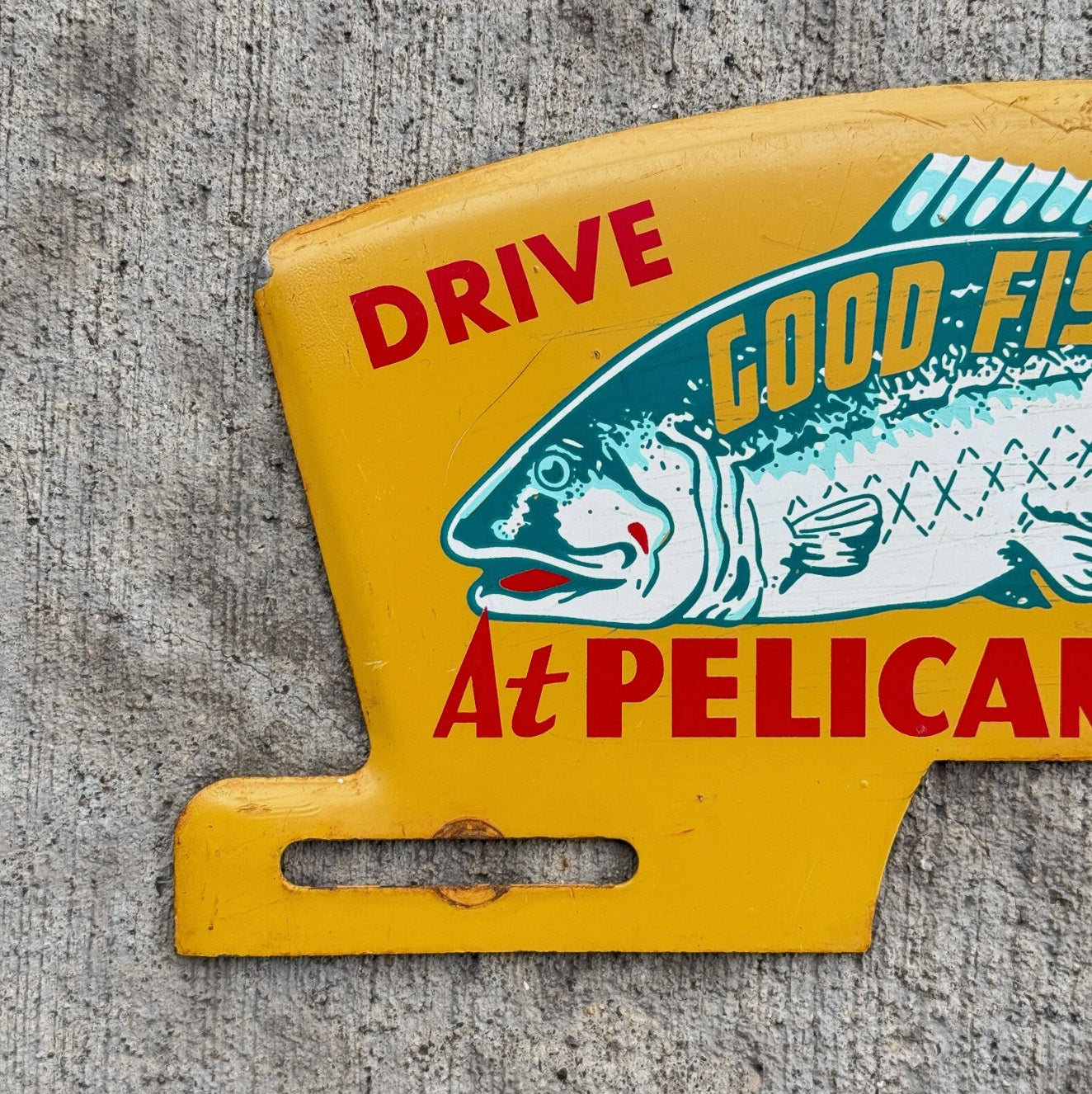1960 Era Pelican Rapids Minnesota License Plate Topper Auto Tag Fish Fishing Graphic