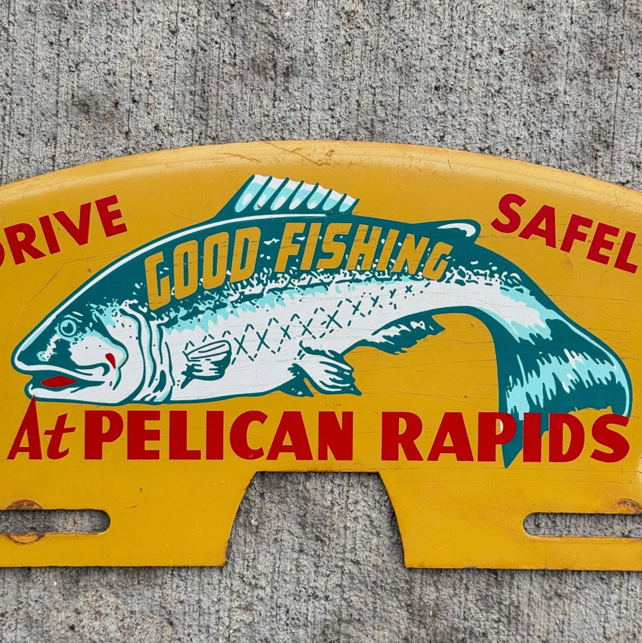 1960 Era Pelican Rapids Minnesota License Plate Topper Auto Tag Fish Fishing Graphic