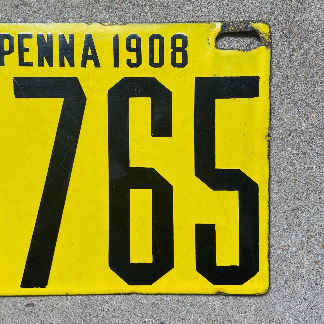 1908 Pennsylvania Porcelain License Plate Auto Tag Nice Quality Low Number Four Digit 5765