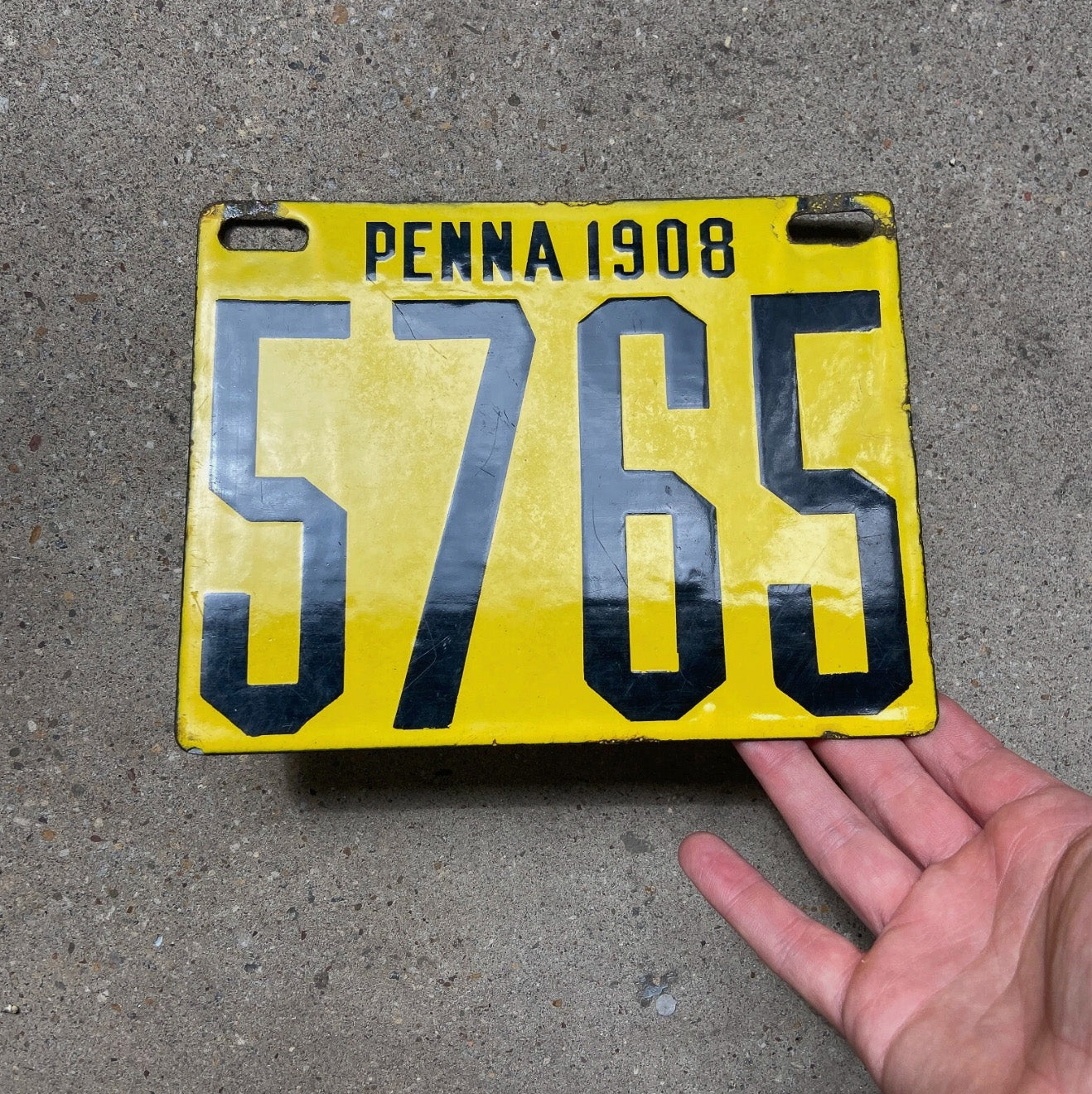 1908 Pennsylvania Porcelain License Plate Auto Tag Nice Quality Low Number Four Digit 5765