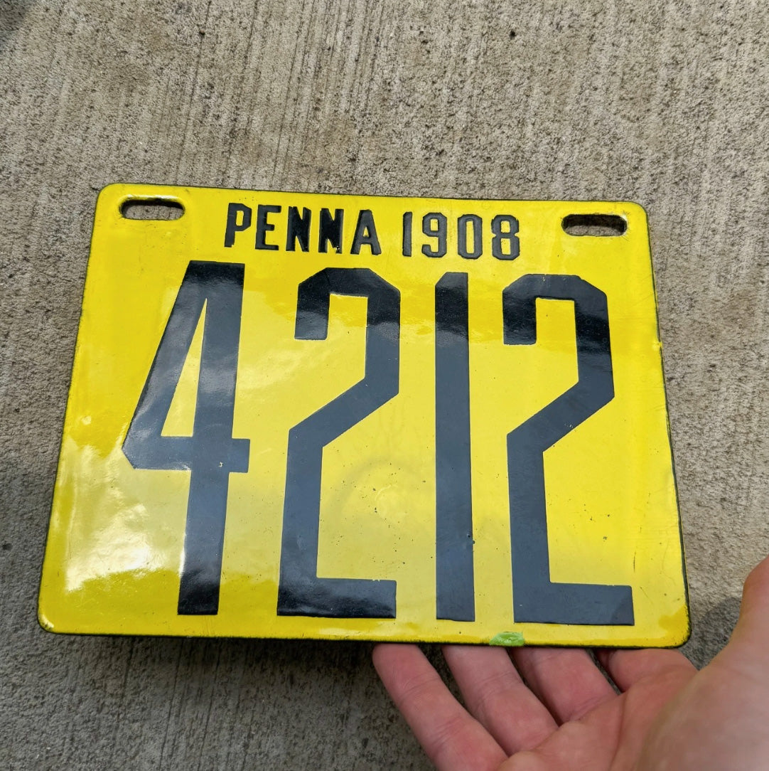 1908 Pennsylvania Porcelain License Plate Auto Tag High Quality Low Number Four Digit 4212