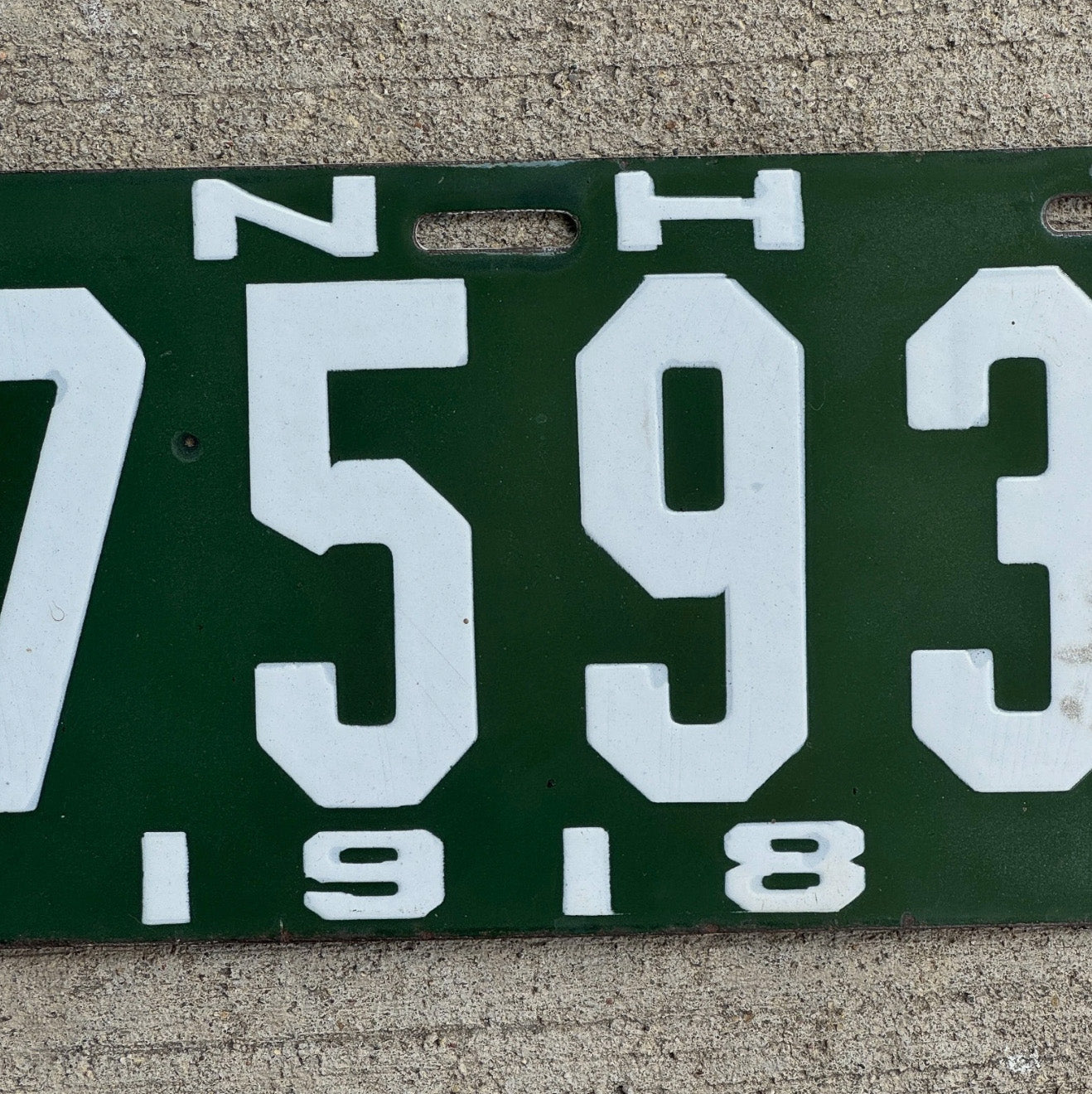 1918 New Hampshire Porcelain License Plate Auto Tag High Quality Low Number Four Digit 7593