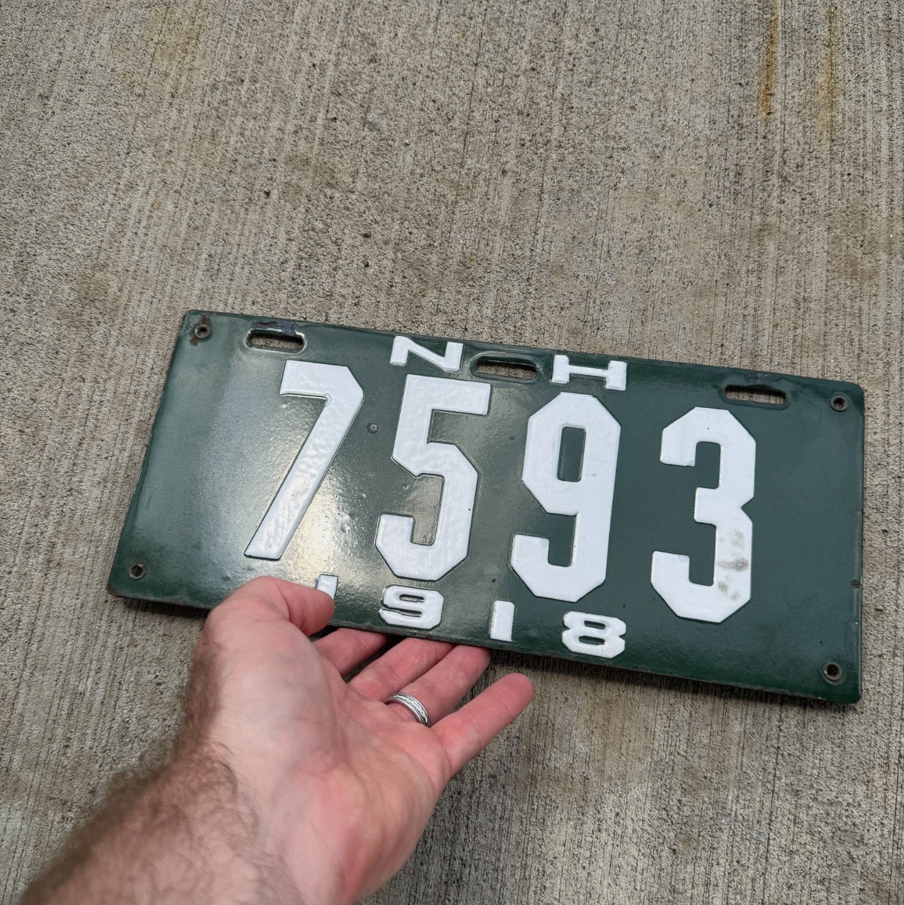 1918 New Hampshire Porcelain License Plate Auto Tag High Quality Low Number Four Digit 7593