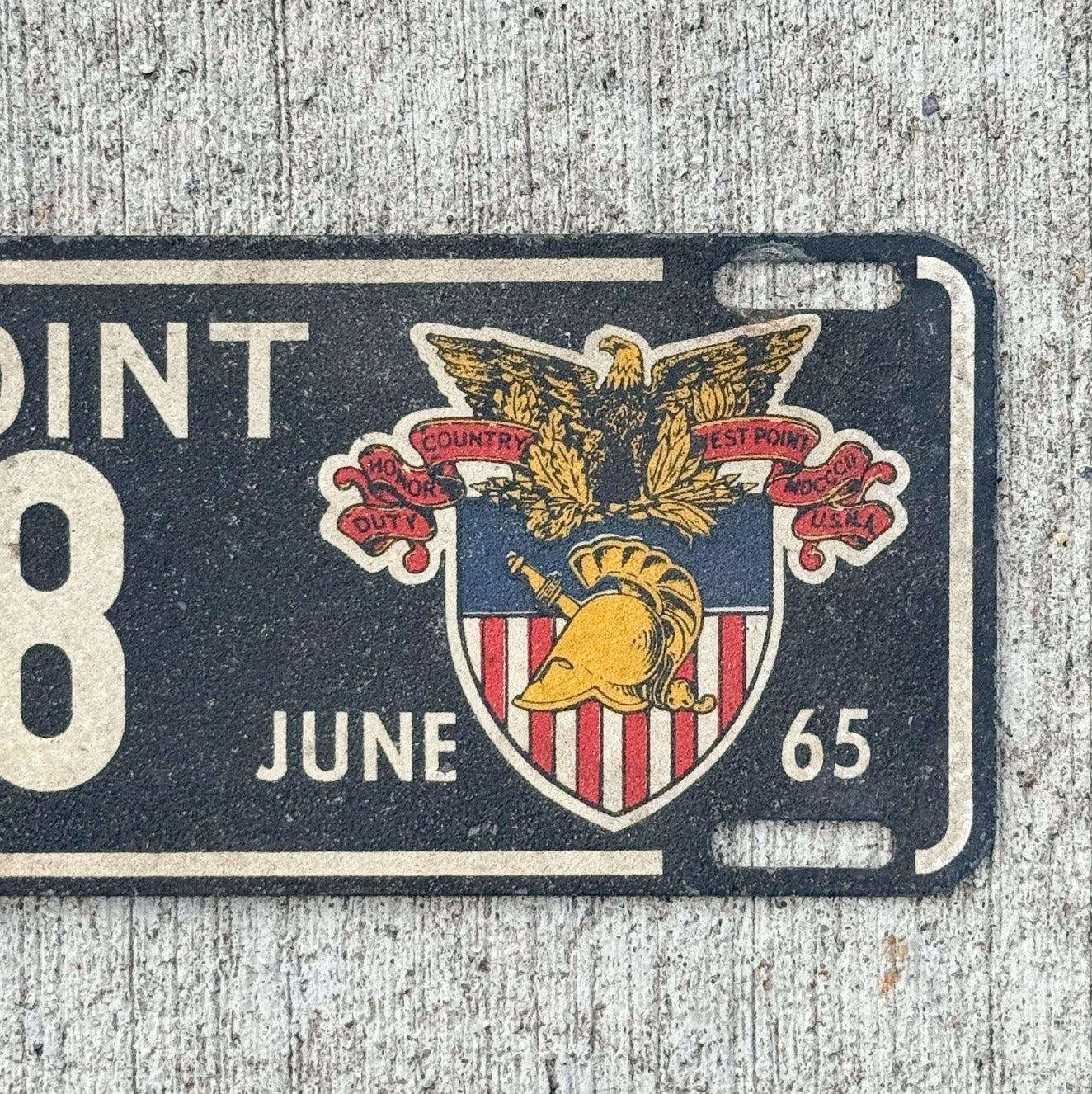 1965 West Point New York License Plate Topper Auto Tag Military US Army Smaltz Paint 288