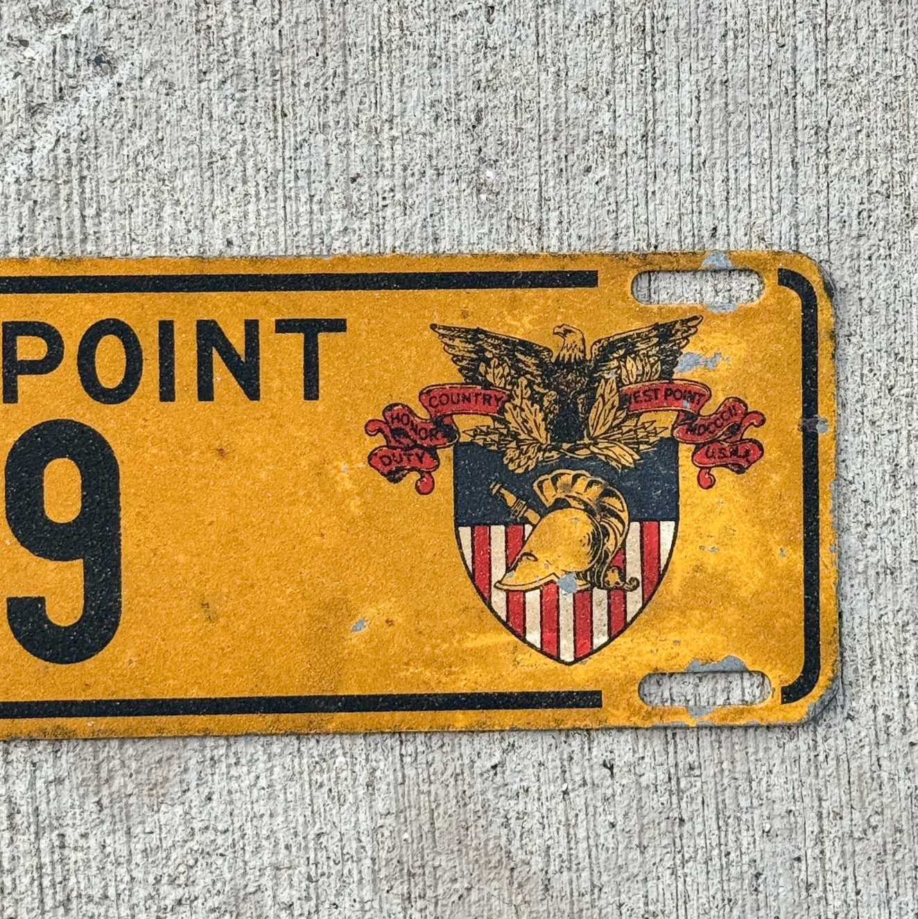 1960 Era West Point New York License Plate Topper Auto Tag Military Army Smaltz Paint 39