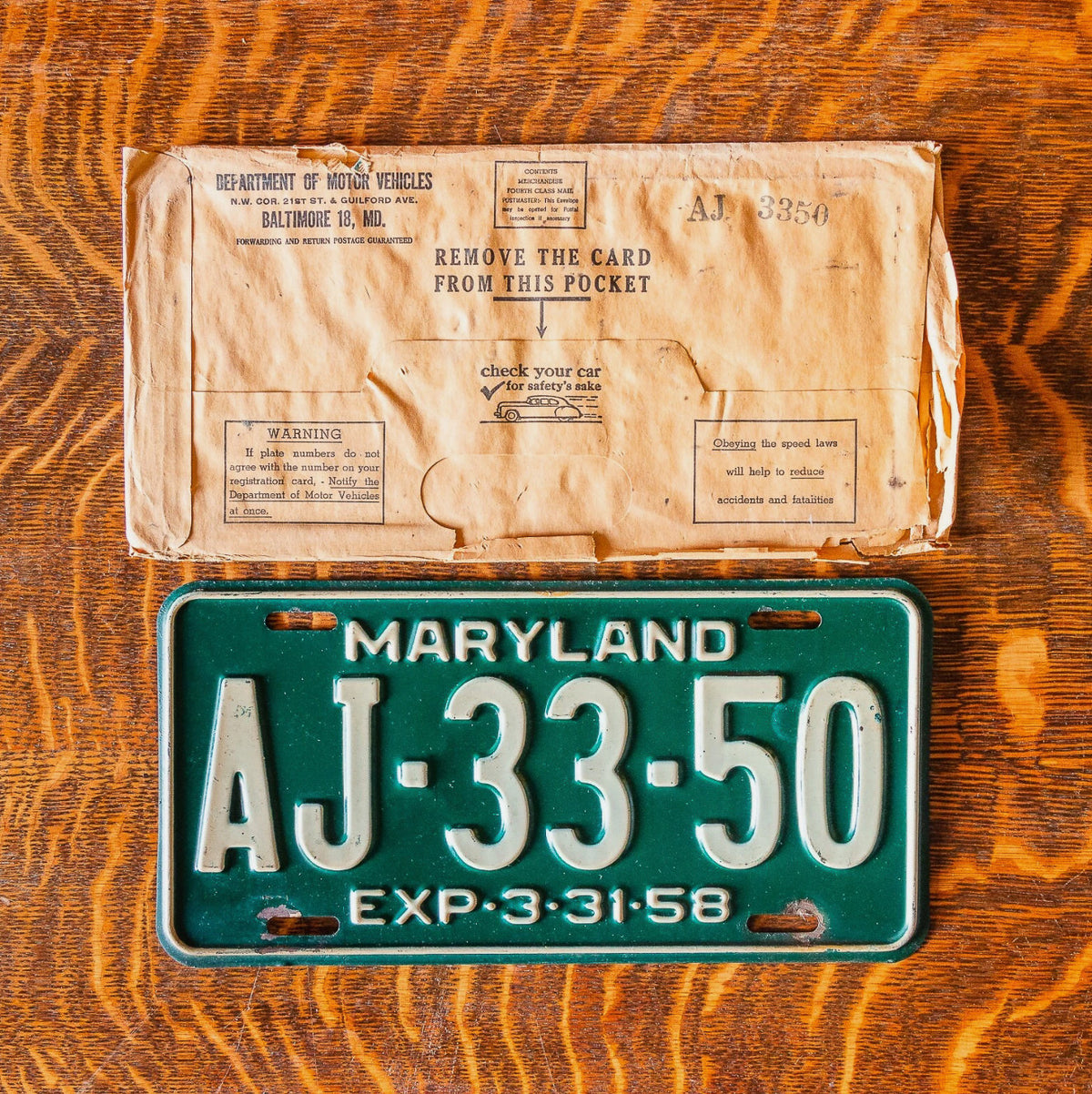 1958 Maryland License Plate Pair Auto Tag With Envelope AJ 33 50