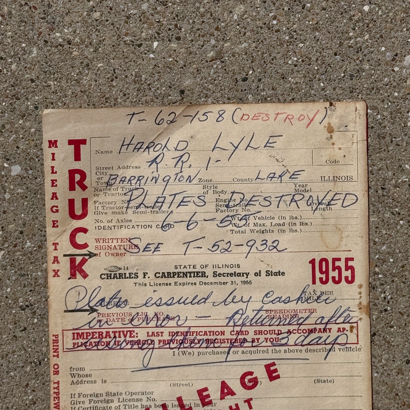 1955 Illinois Truck Mileage Tax License Plate Pair Auto Tag with Registration TK 62158