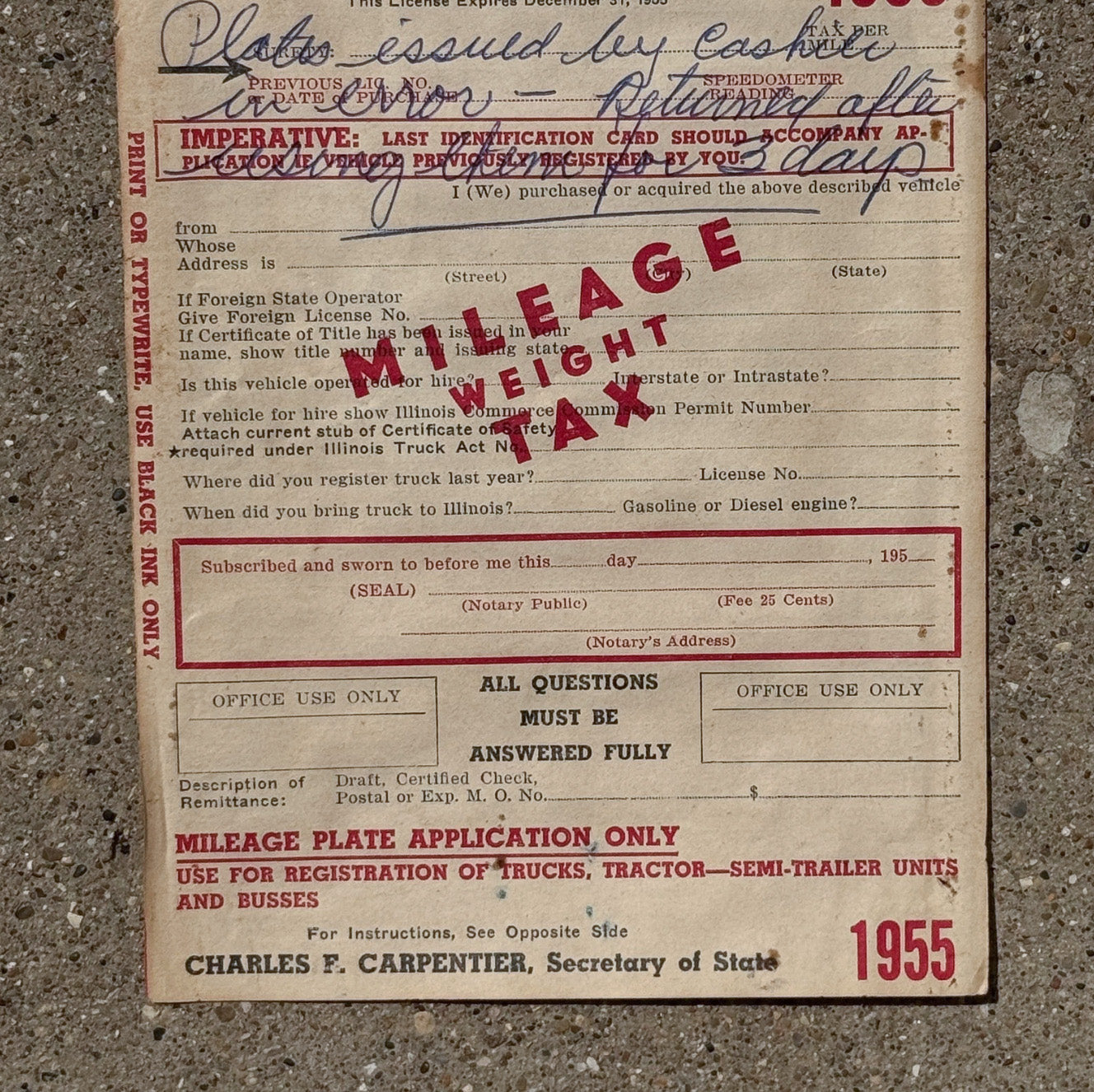 1955 Illinois Truck Mileage Tax License Plate Pair Auto Tag with Registration TK 62158