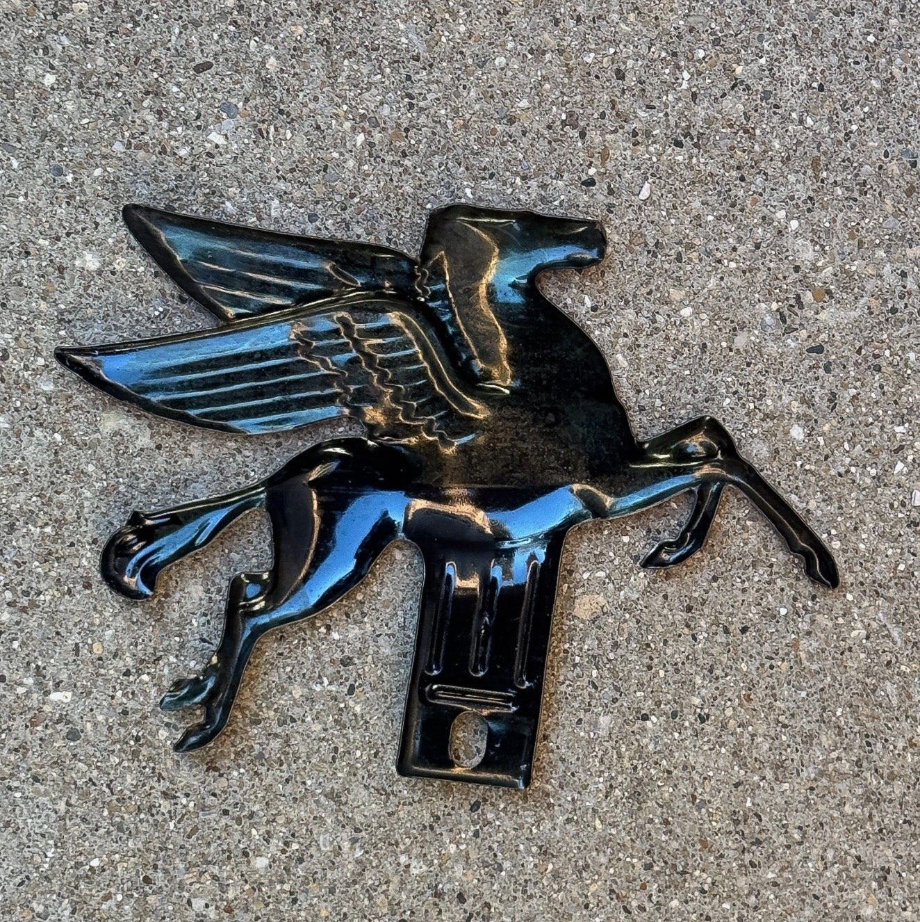 1950 Era Mobil Pegasus License Plate Topper Auto Peggy Gas and Oil Collectible Garage