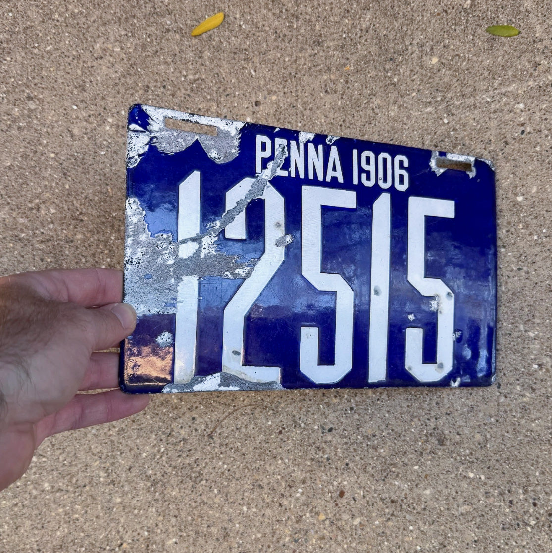 1906 Pennsylvania Porcelain License Plate Auto Tag 1 Vintage Garage First Issue 12515