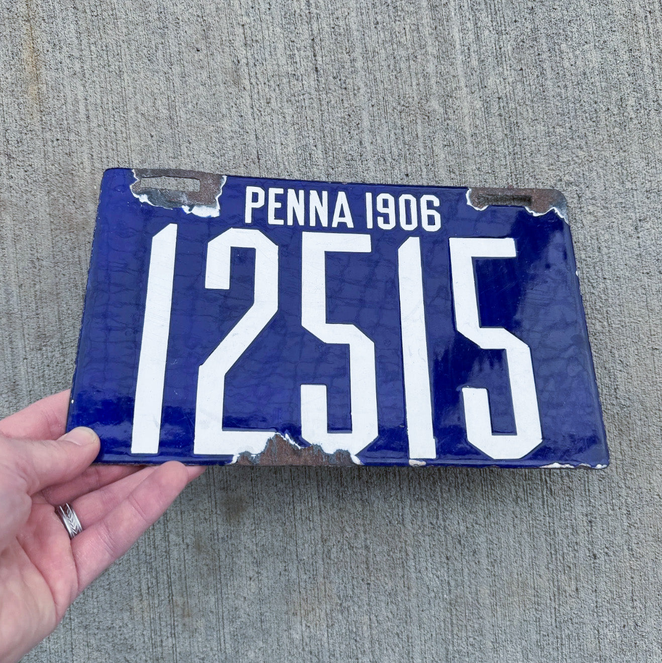 1906 Pennsylvania Porcelain License Plate Auto Tag 2 Vintage Garage First Issue 12515