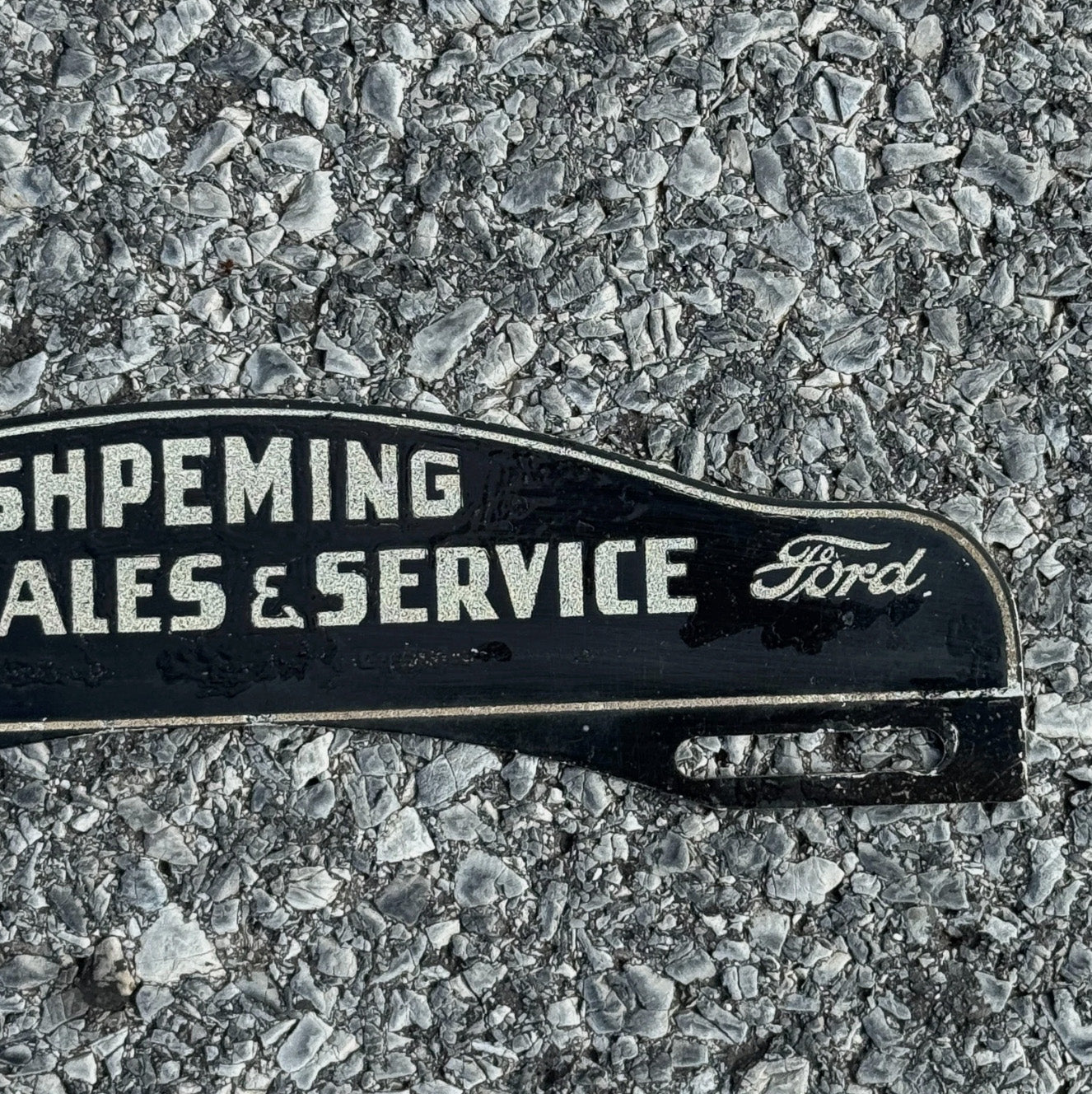 1950 Era Ishpeming Michigan License Plate Topper Auto Ford Dealer Smaltz Paint