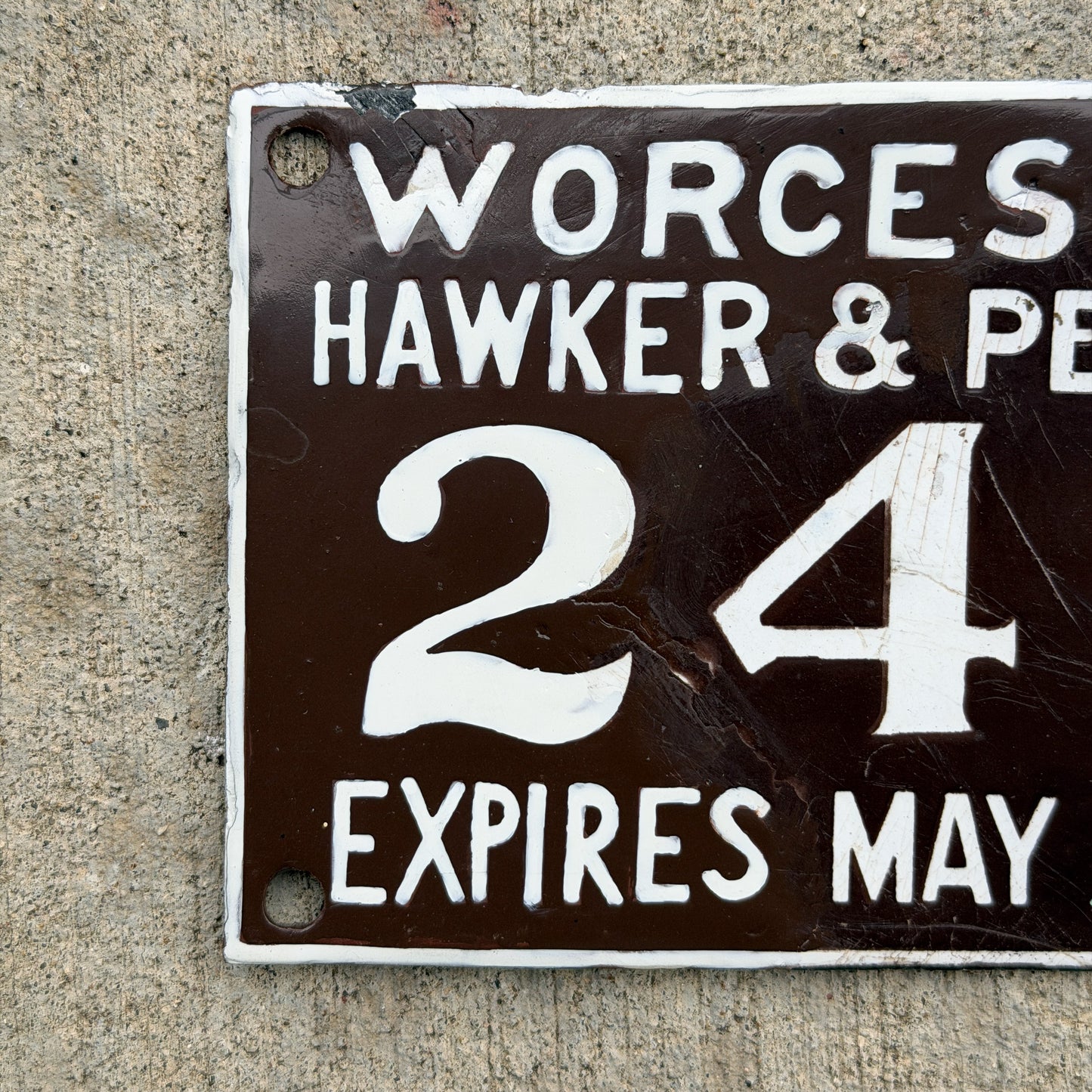 1914 Worcester Massachusetts Porcelain City License Plate Auto Tag 242