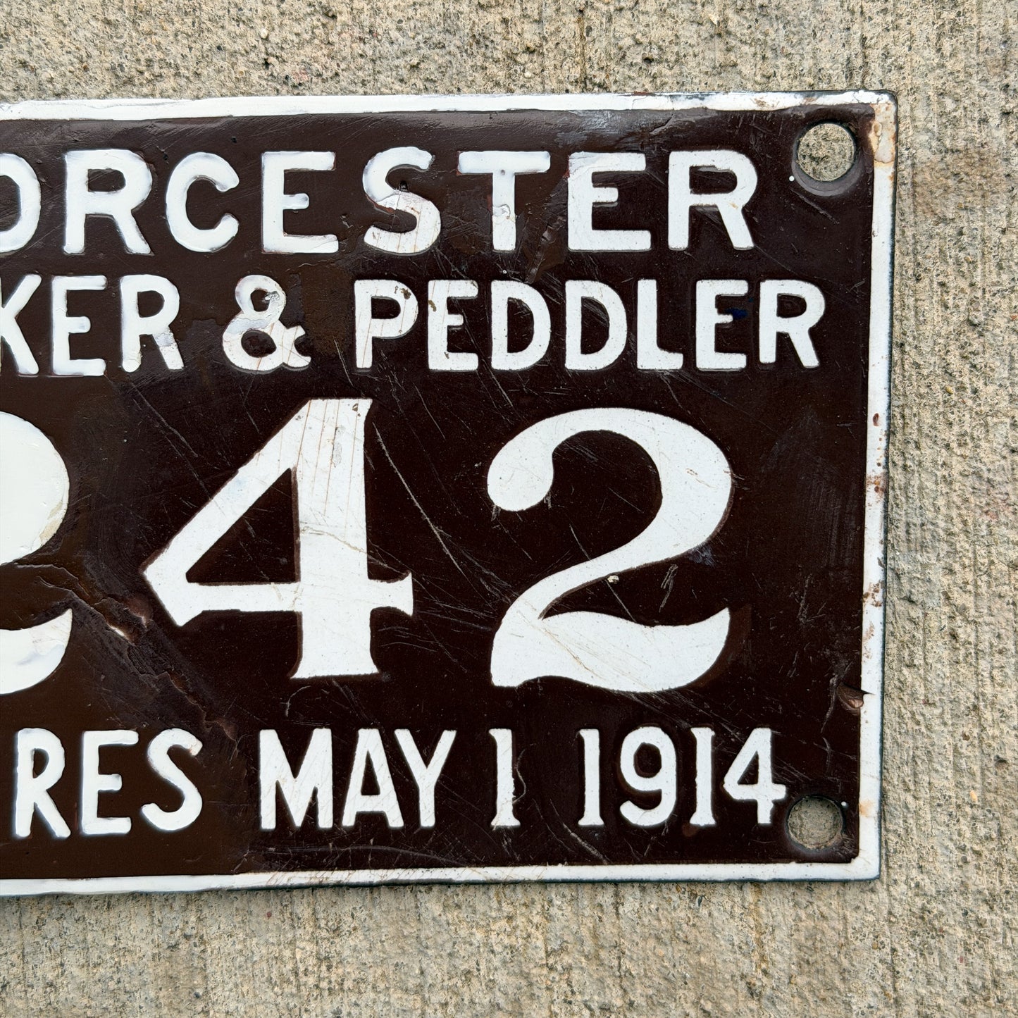 1914 Worcester Massachusetts Porcelain City License Plate Auto Tag 242
