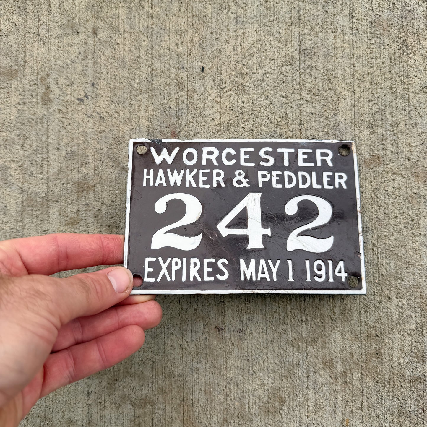 1914 Worcester Massachusetts Porcelain City License Plate Auto Tag 242