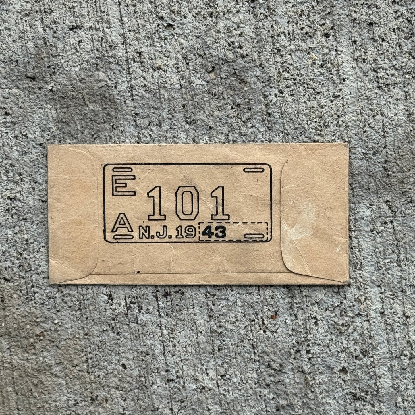 Photo of a 1943 New Jersey Tab Auto Tag Garage Decor Vintage Envelope Only 13028, side 2