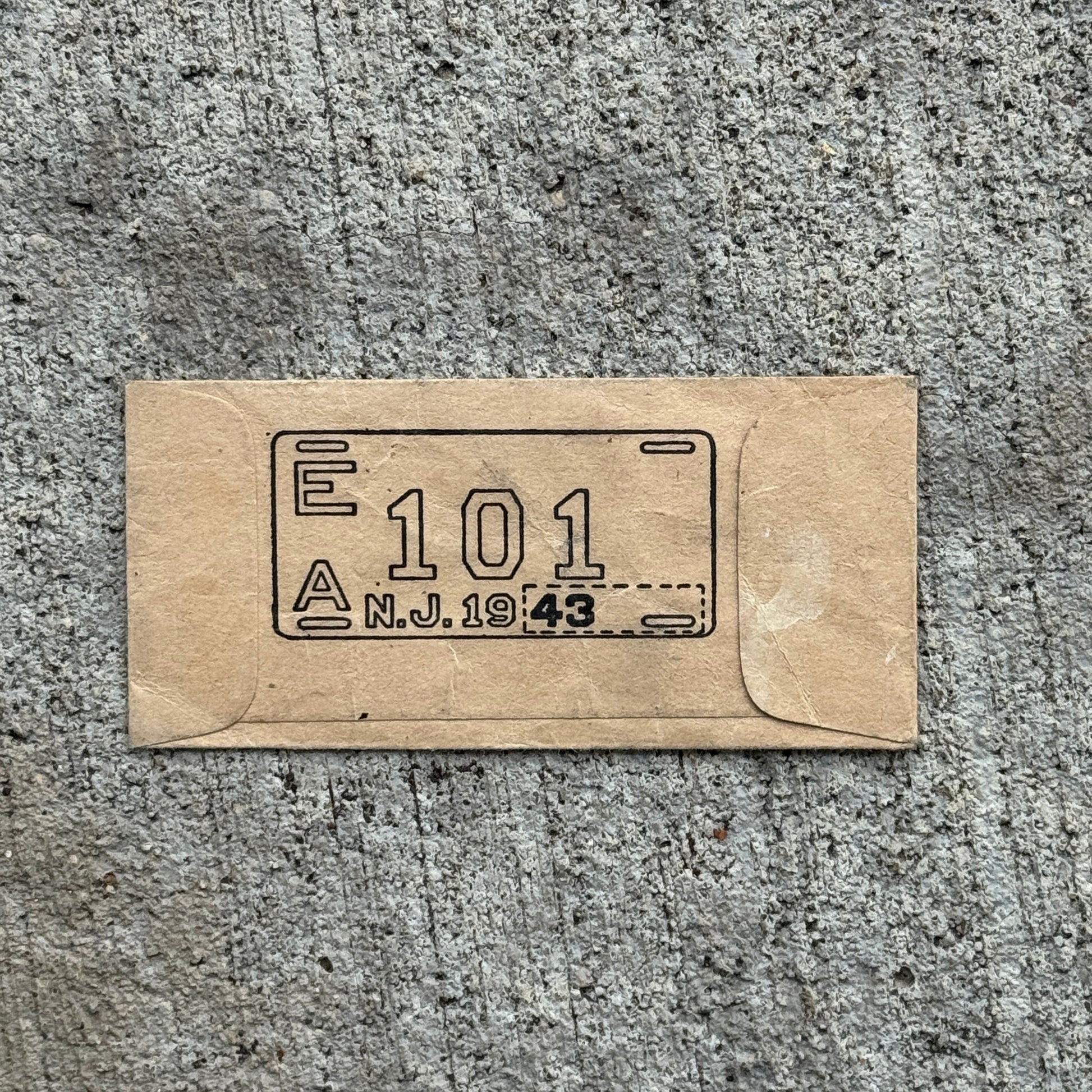 Photo of a 1943 New Jersey Tab Auto Tag Garage Decor Vintage Envelope Only 13028, side 2