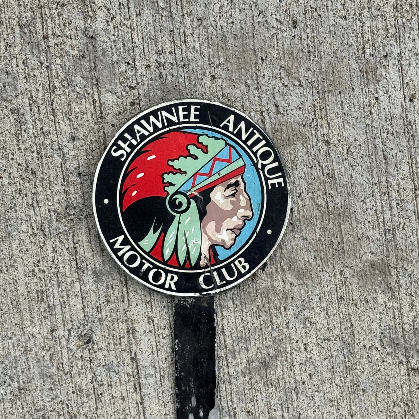 1950 Era Shawnee Antique Motor Club License Plate Topper Auto Tag Native American Indian Graphic