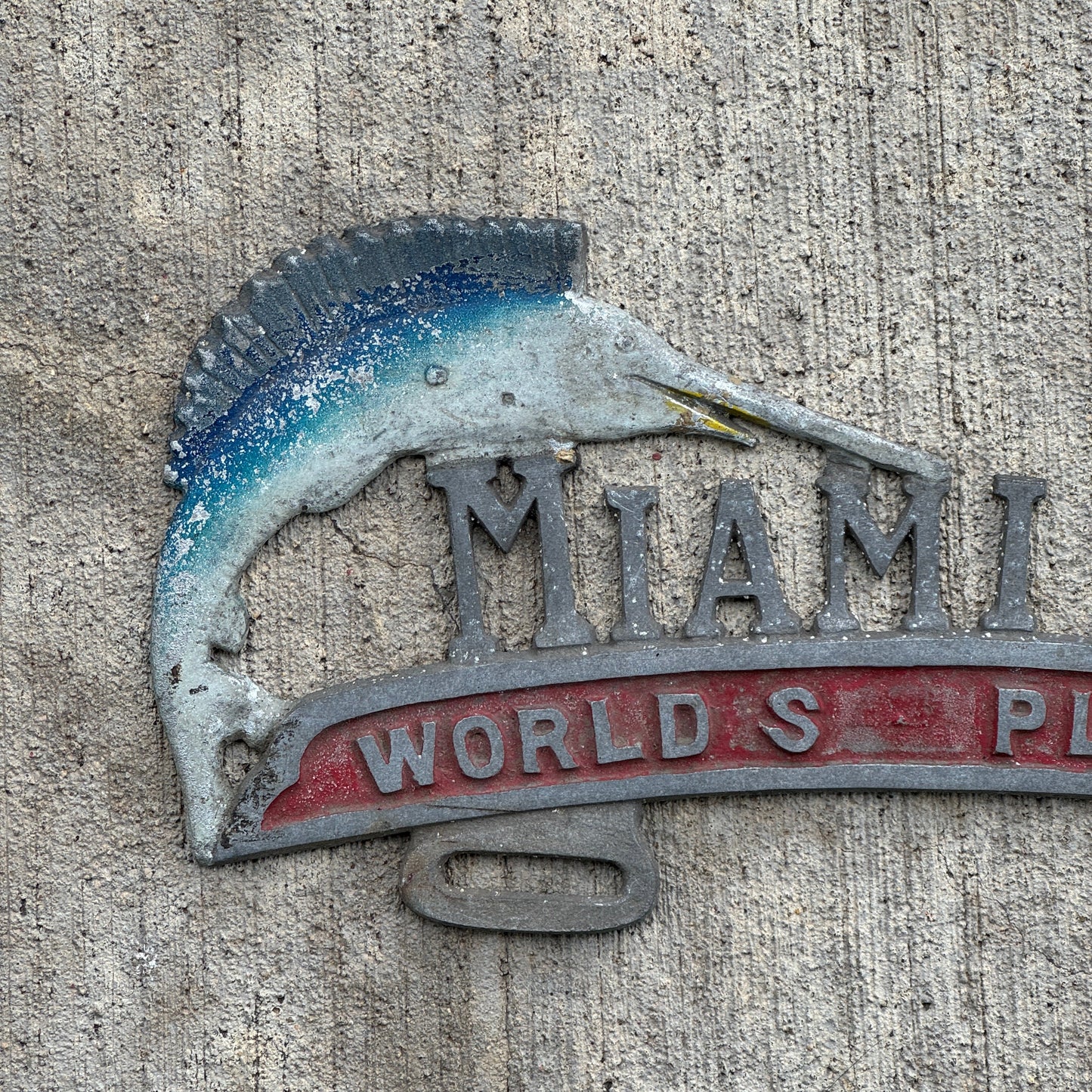 1960 Era Miami Beach Florida License Plate Topper Auto Tag World's Playground Cast Aluminum