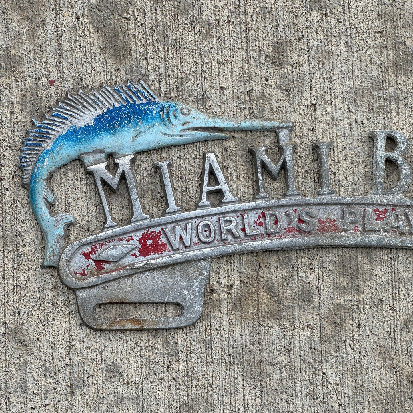 1960 Era Miami Beach Florida License Plate Topper Auto Tag World's Playground Cast Aluminum