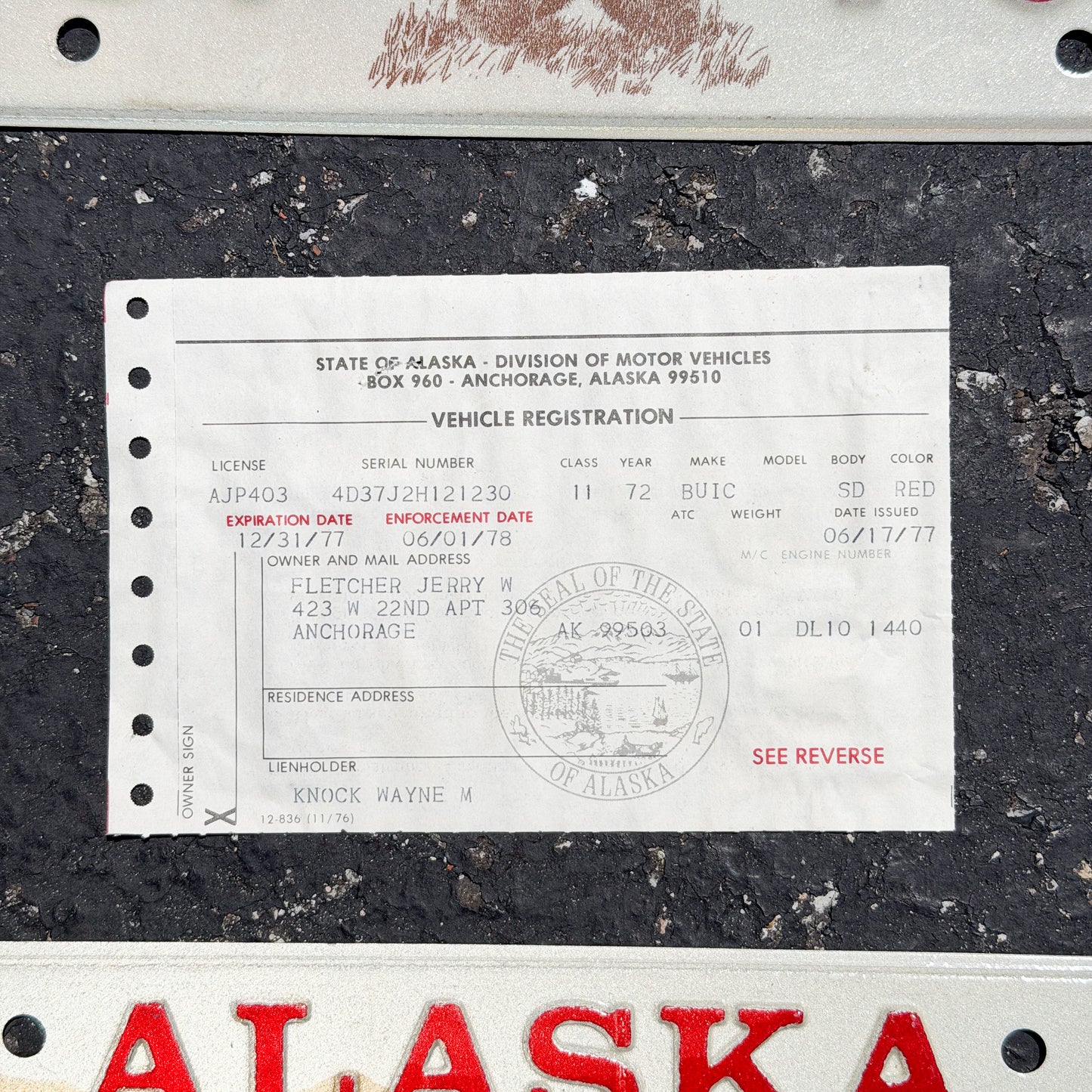 1976 Alaska License Plate Pair Auto Tag Standing Bear With Registration AJP 403