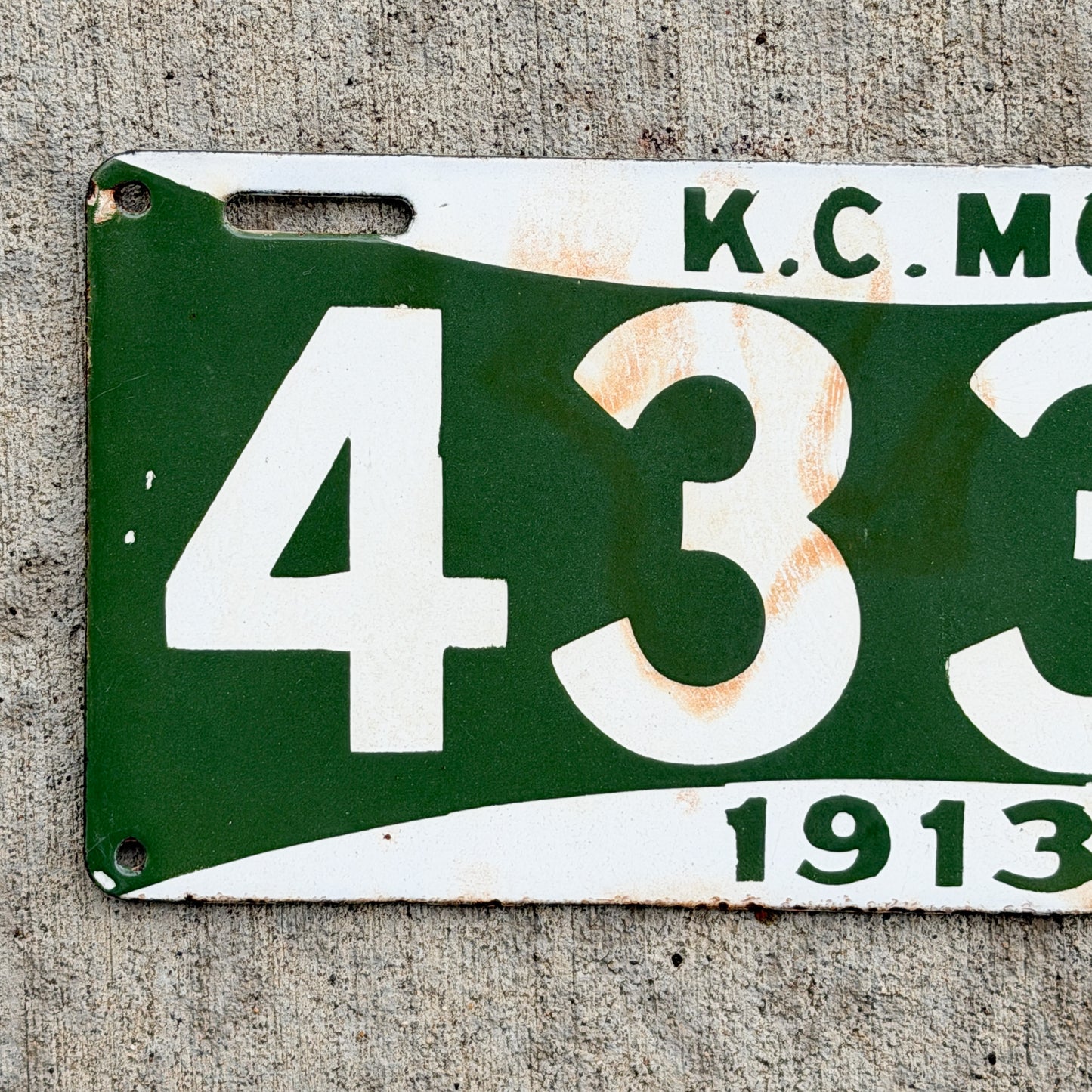 1913 Kansas City Missouri Porcelain License Plate Vintage Auto Tag 4334