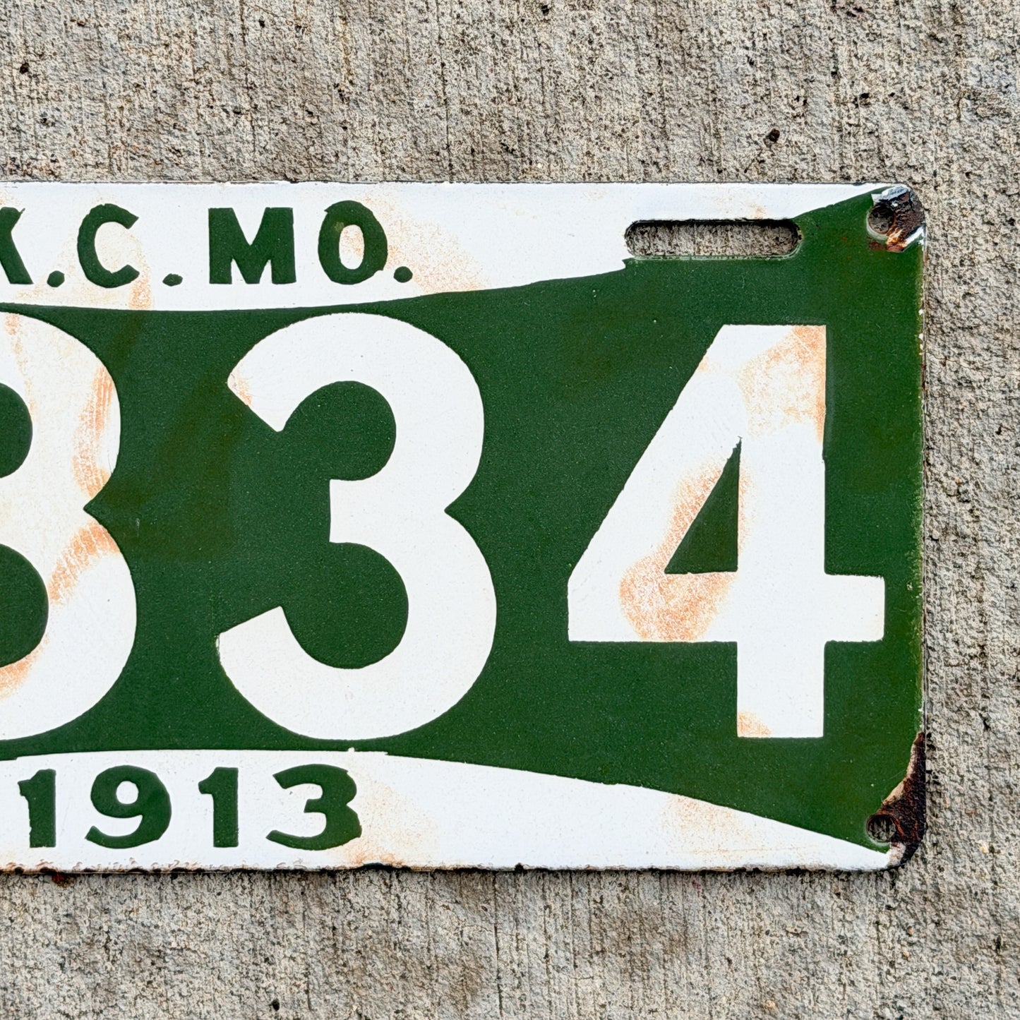 1913 Kansas City Missouri Porcelain License Plate Vintage Auto Tag 4334