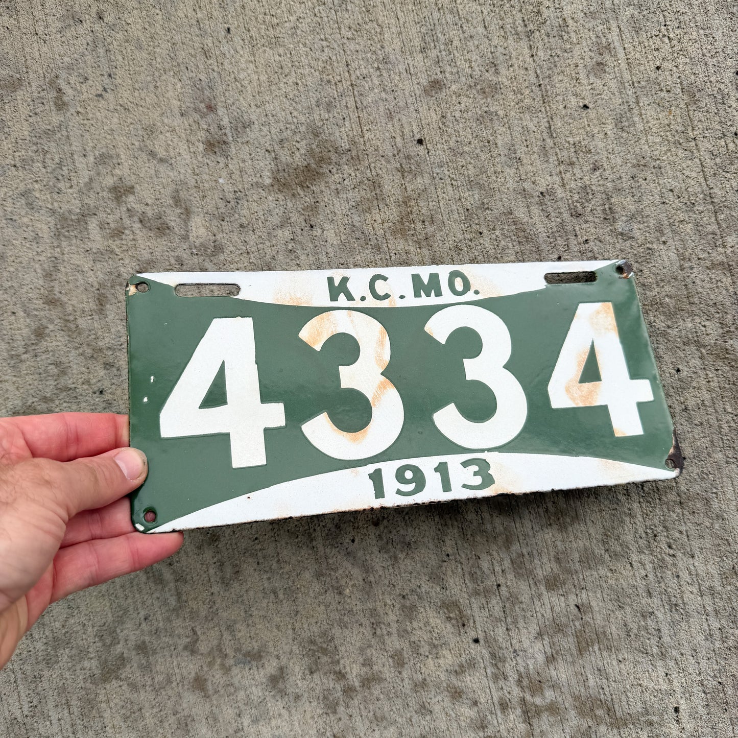 1913 Kansas City Missouri Porcelain License Plate Vintage Auto Tag 4334