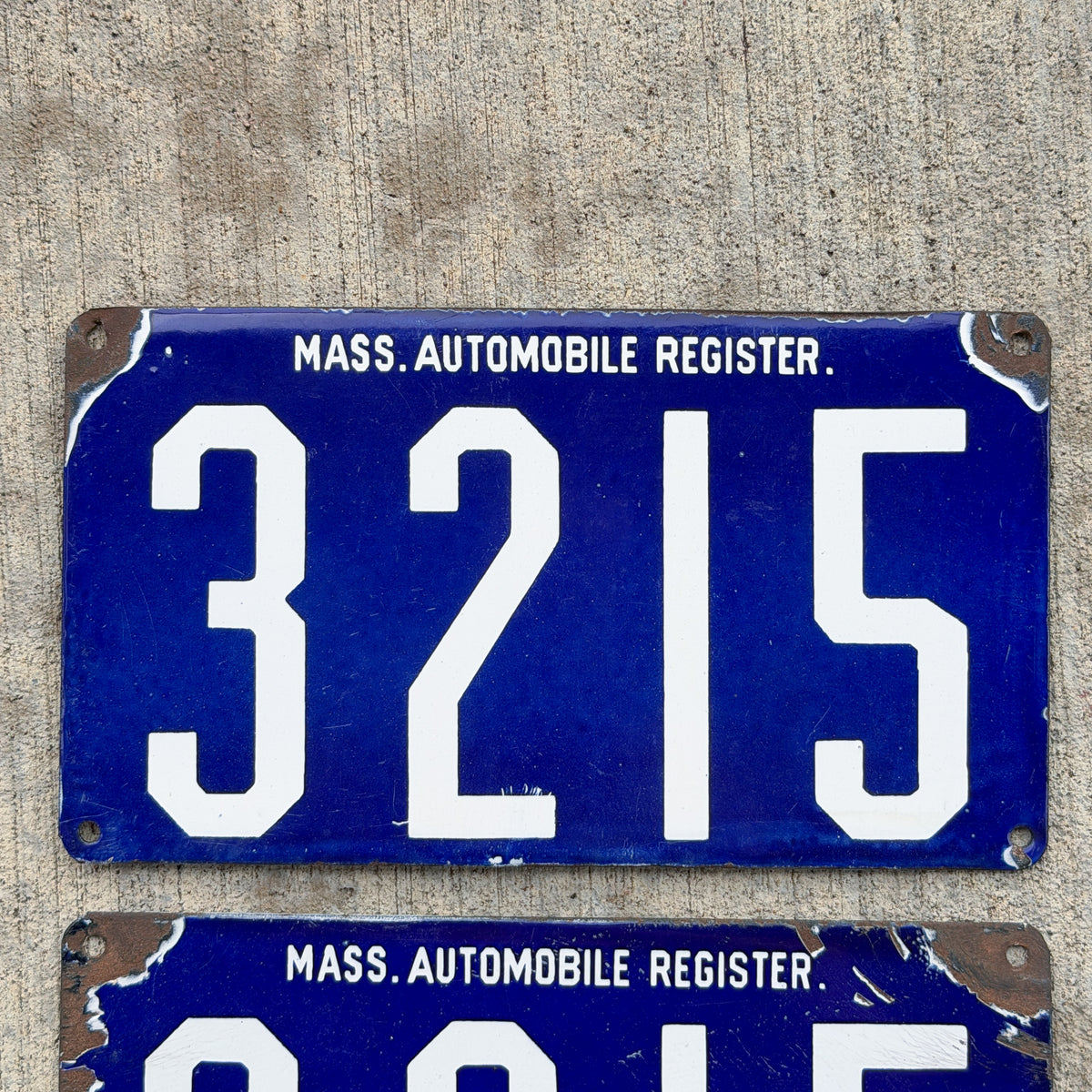 1903 Massachusetts Porcelain License Plate Pair Auto Tag Low Number Four Digit 3215