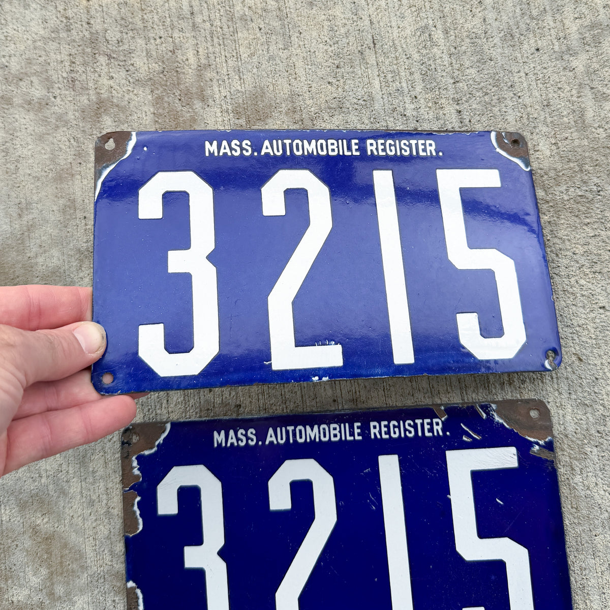 1903 Massachusetts Porcelain License Plate Pair Auto Tag Low Number Four Digit 3215