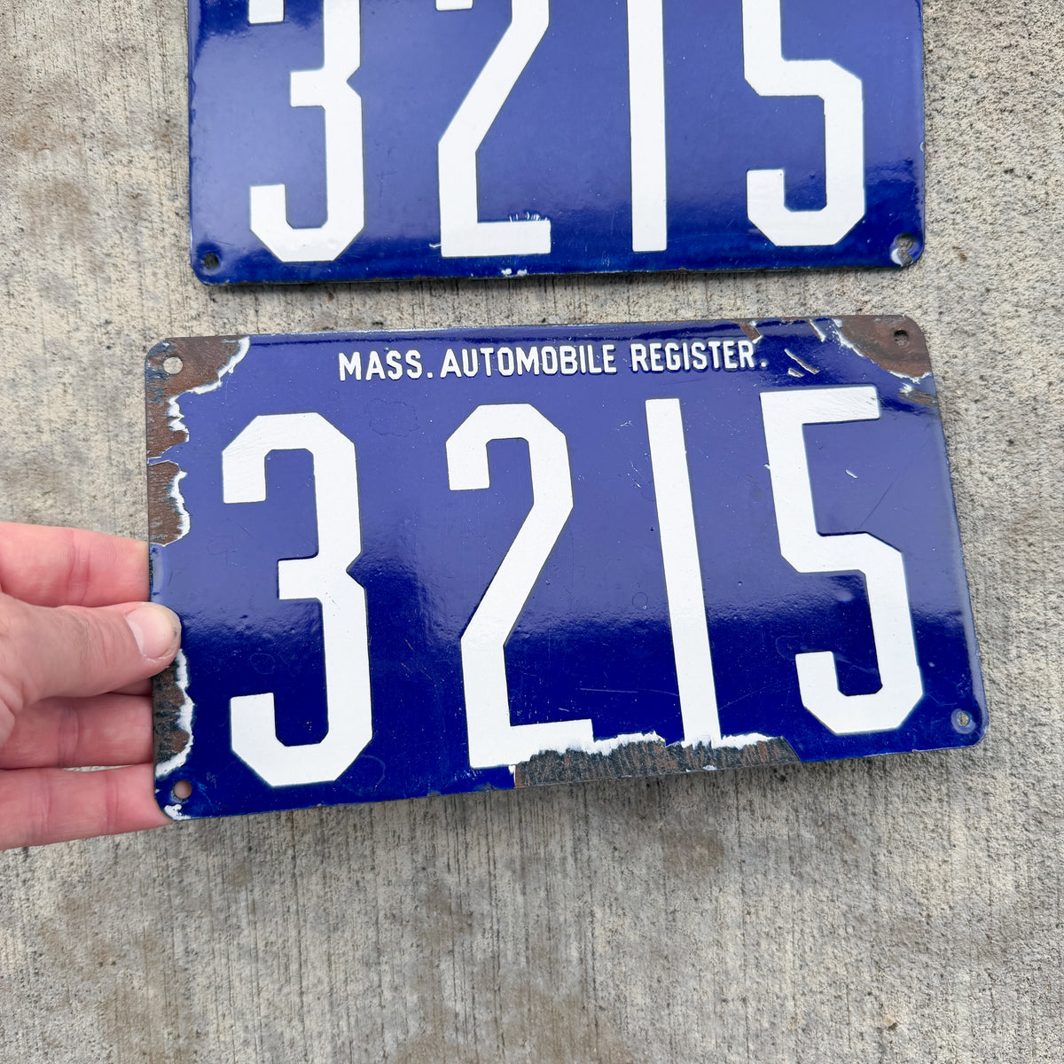 1903 Massachusetts Porcelain License Plate Pair Auto Tag Low Number Four Digit 3215